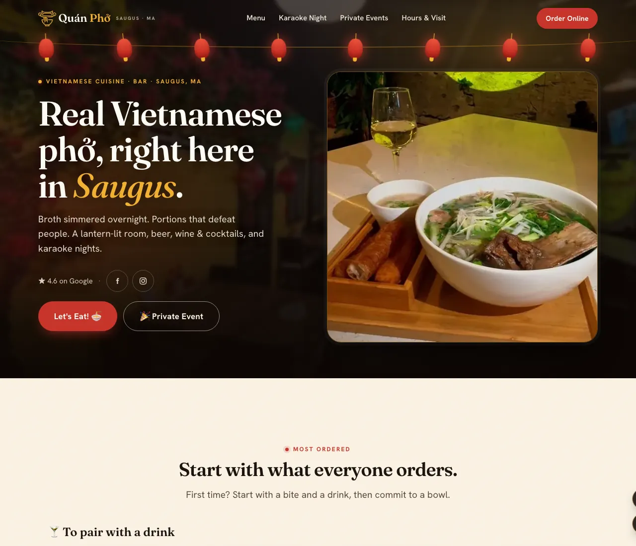 Quán Phở's rebuilt restaurant website